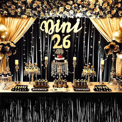 4 Pack 29x108 Inch Metallic Foil Fringe Tinsel Table Skirts for Rectangle Tables Streamer Curtains Backdrop for Halloween, Birthday, Parade Floats, Christmas Party Supplies(Black)