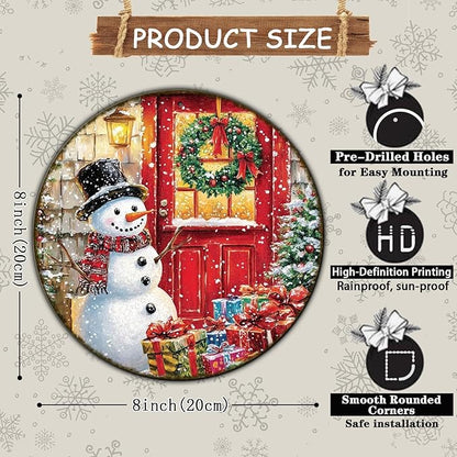 Round Wall Decor Christmas Metal Tin Sign Snowman Sign Rustic Wall Decor Wall Plaque Snowman Wreath Sign for Christmas Round Wreath Wall Decor Vintage Garage Yard Home Decor 8 * 8 in
