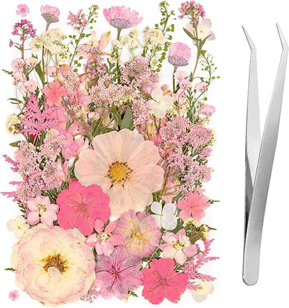 50pcs Pink Pressed Flowers Bulk, Romantic Dried Flower Leaves, Natural Pressed Dried Flowers with Tweezer for DIY Crafts Resin Mold Candles Cake Bridal Scrapbooking Supplies