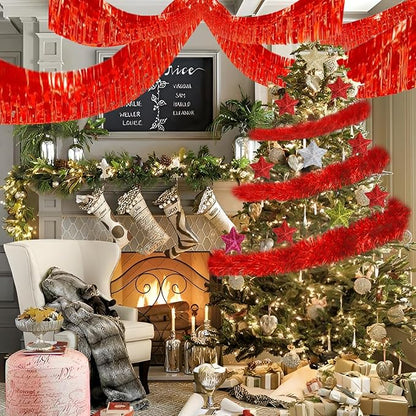 Red Foil Fringe Garland 10FT 6packs, Metallic Foil Tinsel Fringe Banners for Parade Float Decorations Wedding, Birthday Party Graduation (six Red)