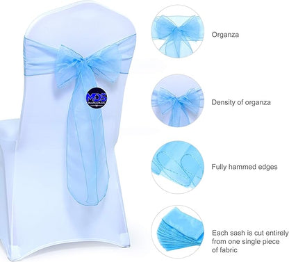 MDS Pack of 125 PCS Organza Chair Sashes Wider Dining Chair Bows Ribbon Tie Back for Wedding Party Birthday Bridal Shower Reception Event Banquet Home Chair Cover Decoration - Baby Blue