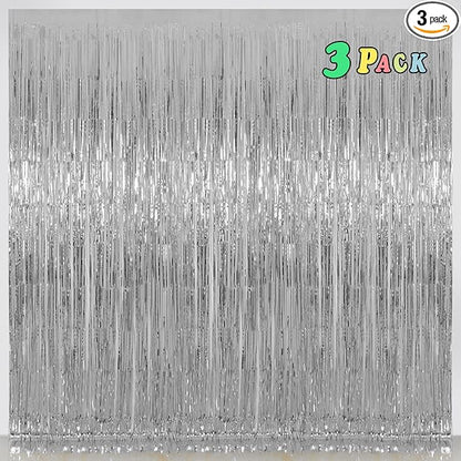 Foil Fringe Curtains Party Decorations - Melsan 3 Pack 3.2 x 8.2 ft Tinsel Curtain Party Photo Backdrop for Birthday Party Baby Shower or Graduation Decorations (Pure Silver)