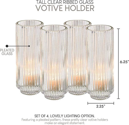 Serene Spaces Living Set of 4 Tall Clear Ribbed Glass Votive Holder, Perfect for Weddings and Home Décor, Measures 6.25" Tall and 2.25" Diameter