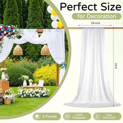 Wedding Arch Draping Fabric 29" x 19Ft Sheer Drapes for Backdrop Wedding Ceremony Reception Ceiling Decor Curtain Baby Bridal Shower Decoration (White, 3 Panels)