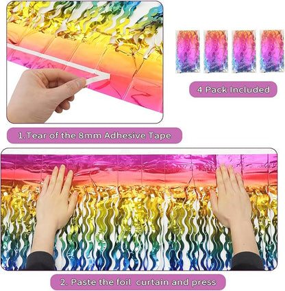4 Pack Wavy Rainbow Foil Fringe Curtain | 3.3x6.6ft Colorful Tinsel Metallic Streamers Holiday Photo Booth Props Backdrop for Engagement Bridal Shower Unicorn Party Decorations