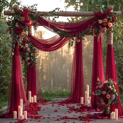 PARTISKY Wedding Arch Draping Fabric, 2 Panels Burgundy Sheer Backdrop Curtain Tulle Fabric Drapery for Arbor Wedding Archway Ceremony Party Ceiling Decor Backdrop