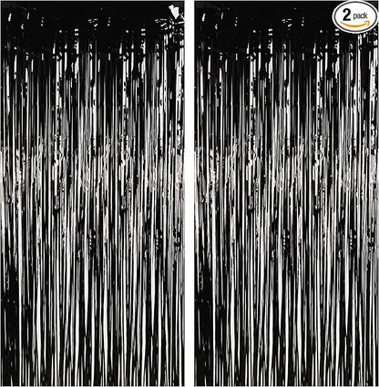 Foil Fringe Curtain Halloweens Party Decorations - Pure Black Tinsel Photo Backdrop Party Steamers Curtains for Birthdays Music Christmas Stranger Theme Parties