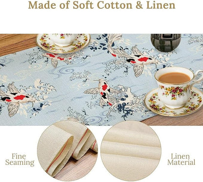 Kio Fish Table Runner Waves Retro Japanese Tradition Art Printed Burlap Runner Home Kitchen Dining Table Living Room Decor Fabric 1 Panel W13xL108in