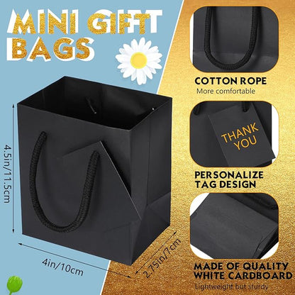 Sherr 100 Pack Mini Gift Bags Bulk, 4 x 2.75 x 4.5 Inches Paper Bags with Tags, Extra Small Paper Gift Boxes with Handles for Birthday, Party Favors, Weddings, Small Business(Black)