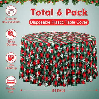 Jectivs 6Pcs Christmas Buffalo Plaid Snowflake Party Tablecloths Decorations,Plastic Red and Green Checkered Round Table Cover for Winter Christmas New Year Birthday Holiday Party Decorations,84 inch