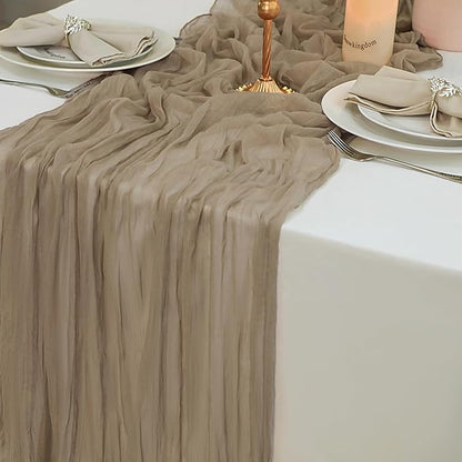 Snowkingdom 6PCS 10 FT Nude Brown Cheesecloth Table Runner, 120 inch Long Cheese Cloth Boho Rustic Gauze Sheer Runner for Wedding Party Baby Shower Birthday Christmas Holiday Table Decorations