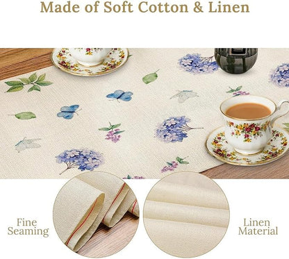 Spring Hydrangea Flower Table Runner, Seasonal Summer Plants Watercolor Florals Butterfly Dinner Runner for Home Kitchen Dining Table Party Holiday Decoration 13"x108"