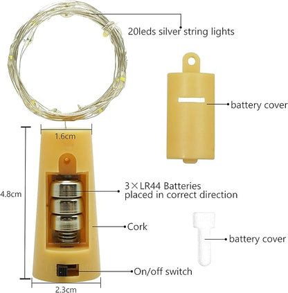 20 LED Wine Bottle Lights with Cork, 15 Pack Battery Operated Cork Shape Fairy Light Waterproof Mini Copper Silver Wire String Lights for Party, Wedding, Christmas, Bedroom Decor (Cold White)