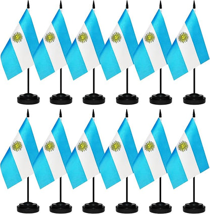 12 Pack Argentina Desk Flags Set, Argentine Small Mini Table Office Flags with 12" Solid Black Pole, 8.2 x 5.5 Inches, Home and Office Decoration, Festival Celebrations