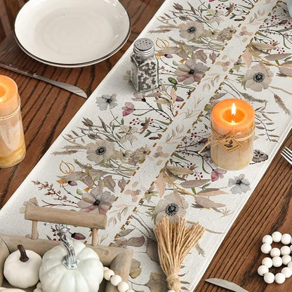 Artoid Mode Wildflower Leaves Floral Fall Table Runner, Autumn Thanksgiving Kitchen Dining Table Decoration for Indoor Outdoor Home Party 13x60 Inch
