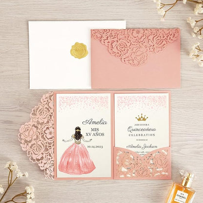 DORIS HOME 50pcs Laser Cut Quinceanera Invitations Pink, 4.7x7.1 Personalized Quince Invitations for 15th Birthday, Invitation cards for Sweet 16 with Envelopes