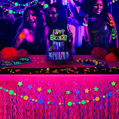Mega-L Glow in The Dark Party Supplies, 2 Pack Neon Party Decorations Fluorescent Macaron Fuchsia Wavy Metallic Tinsel Foil Fringe Table Skirts, Perfect Table Decors for Glow Birthday Decor