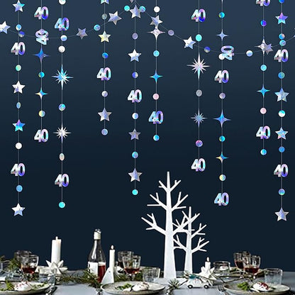 Iridescent 40th Birthday Decorations Number 40 Circle Dot Twinkle Star Garland Metallic Hanging Streamer Bunting Banner Backdrop for Women Mens 40 Year Old Birthday Forty Anniversary Party Supplies