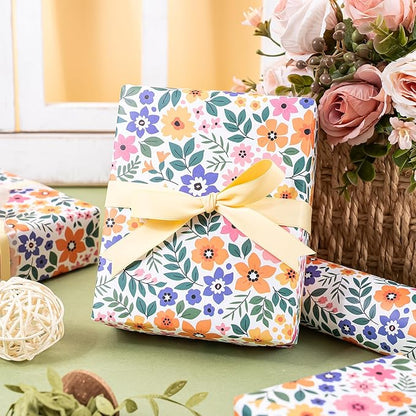 WRAPAHOLIC Kraft Floral Wrapping Paper Roll - Mini Roll - 17 Inch x 16.5 Feet - Ditsy Flower Wrapping Paper, Perfect for Wedding, Birthday, Bridal Shower, Tea Party
