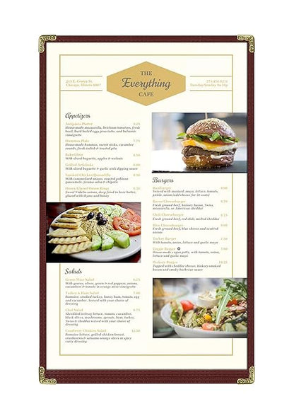 Goodsmart Restaurant Menu Covers – 25 Pack Burgundy 2-View, Top-Loading Menu Holders, Vinyl & Plastic Café Menu Covers, Clear Menu Sleeves, Fits 11" x 17" & 8.5" x 11", Gold Corners