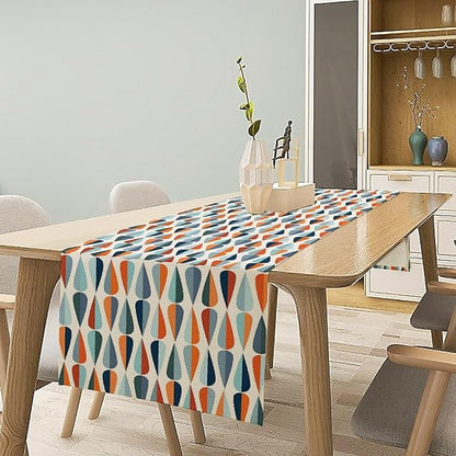 Mid Century Table Runner, Modern Style Retro Pattern Droplet Shapes Mosaic Tones Pattern Print for Home Kitchen Table Decor Dining Coffee Room Party Decor 13x72in