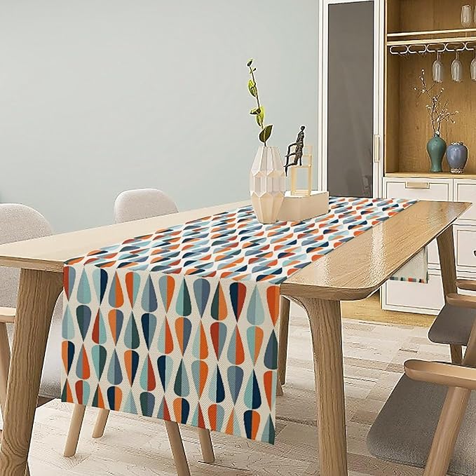 Mid Century Table Runner, Modern Style Retro Pattern Droplet Shapes Mosaic Tones Pattern Print for Home Kitchen Table Decor Dining Coffee Room Party Decor 13x108in