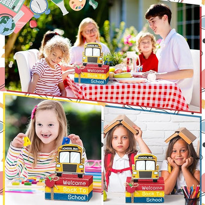 4 Pcs Back to School Table Decorations First Day of School Tiered Tray Decorations Decorative Mini Wooden Books Subject Signs for Office Shelf Classroom Tabletop Bookshelf(Bus)
