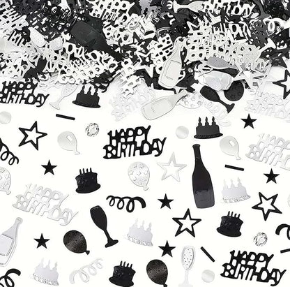 VHUWE Happy Birthday Confetti, 1.6 oz Black Silver Cake Balloon Star Goblet Bottle Confetti for Happy Birthday Party Decorations Boys Girls Kids Women Men Birthday Table Decorations | Black Silver
