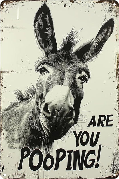 Funny Donkey "Are You Pooping?" Tin Sign - 8x12 Inch Vintage Metal Wall Décor, Humorous Bathroom Sign for Indoor & Outdoor Use, Farmhouse-Style Rustic