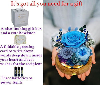Valley of Rain & Forest Long-Lasting Real Flowers, Unique Floral Gift For you to send Love for All Occasions, for Indoor Decoration (Blue Rose, Grey & White-Blue Austin Roses)