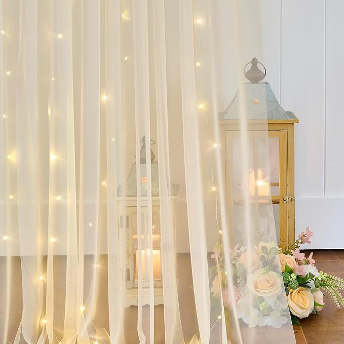 Champagne Backdrop Curtain with Lights String for Parites Wedding 20×8ft Sheer Tulle Backdrop Curtains for Bridal Shower Baby Shower Birthday Party Photo Shoot Background Decorations(4 Panels 5ft×8ft)