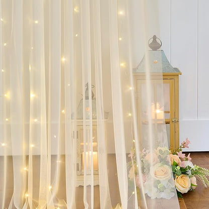 Champagne Backdrop Curtain with Lights String for Parites Wedding 20×8ft Sheer Tulle Backdrop Curtains for Bridal Shower Baby Shower Birthday Party Photo Shoot Background Decorations(4 Panels 5ft×8ft)
