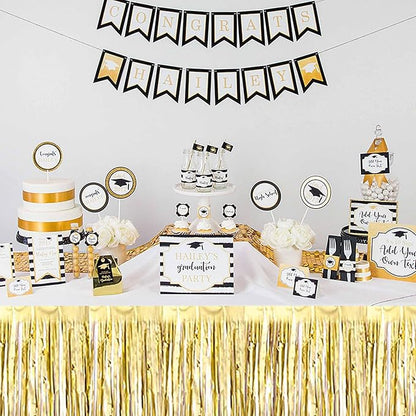 3 Pack 29 x108 Inch Light Gold Foil Fringe Table Skirts Metallic Banner for Tinsel Streamer Garland Backdrop for Parade Floats Mother's Day, Graduate, Birthday, Wedding Party Decoration