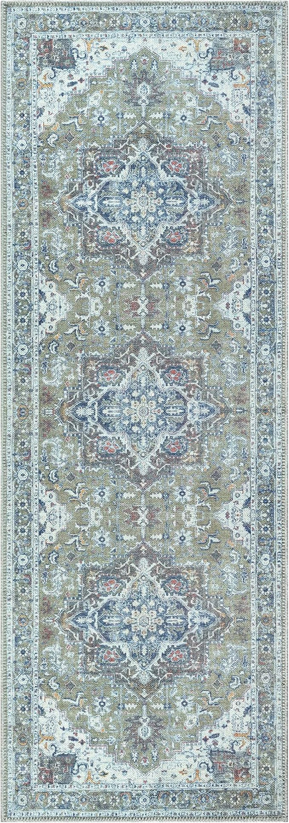Bloom Rugs Washable Non-Slip 12 ft Runner - Green/Blue Traditional Medallion Runner for Entryway, Hallway, Bathroom, and Kitchen - Exact Size: 2.5' x 12'