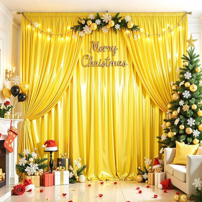 10x10 ft Yellow Gold Glitter Backdrop Curtain for Parties, Wrinkle Free Glitter Photo Backdrop Drapes 2 Panels 5x10FT Shimmer Back Drop Cloth for Wedding Birthday Stage Photography Background