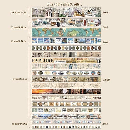 18 Rolls Travel Washi Tape Set journaling Tape for Crafts and Journaling DIY Scrapbook Tape for journaling Scrapbooking Supplies washi Tape for Scrapbooking