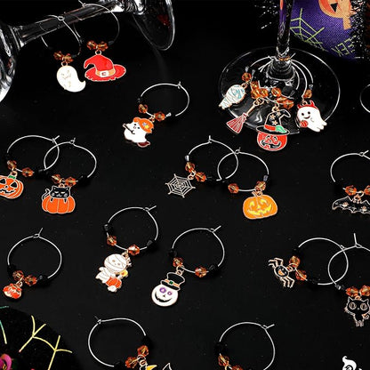 Inbagi 24 Pcs Halloween Wine Glass Charms Halloween Enamel Wine Charms Pendant Pumpkin Witch Hat Broomstick Mummy Castle Glass Markers Drink Identifier for Stem Halloweens Birthday Party Supply