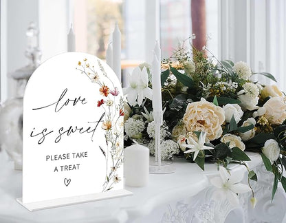 Boho Floral Love is Sweet Sign, 6 x 8 Inch White Arch Acrylic Wedding Sign with Holder, Wedding Sign for Ceremony and Reception, Wedding Decoration, Wedding Supplies - BX07