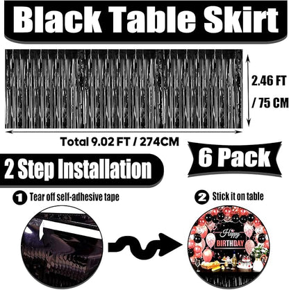 6 Pack 29x108 Inch Metallic Foil Fringe Tinsel Table Skirts Banner for Rectangle Tables Streamer Garland Curtains Backdrop for Wedding, Birthday, Parade Floats, Christmas Party Decoration(Black)