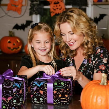 LeZakaa Halloween Pumpkin Wrapping Paper Roll, Neon Pumpkin Witch Hat Bat Pattern in Black, Glow-Like Gothic Kawaii Style Gift Wrap for Spooky Party & Candy Bags, Mini Roll 17 in x 16.4 Ft
