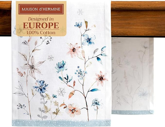 Maison d' Hermine Table Runner 100% Cotton Single Layer Table Runners 108 inches Long for Thanksgiving Christmas Decorations Home Kitchen Dining Party Wedding (Ice Florals, 14.5" x 108")