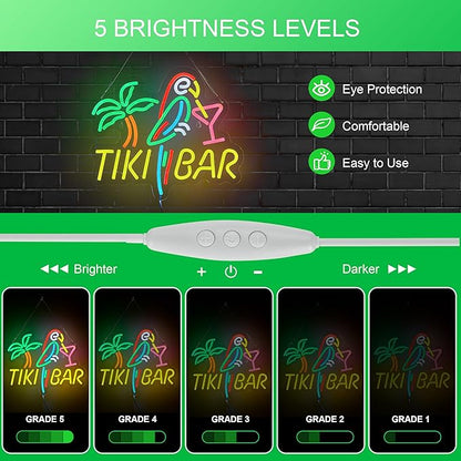 Tiki Bar Neon Sign for Wall Décor Dimmable LED Parrot Palm Tree Cocktails Signs for Beer Bar Art Man Cave Light Decor