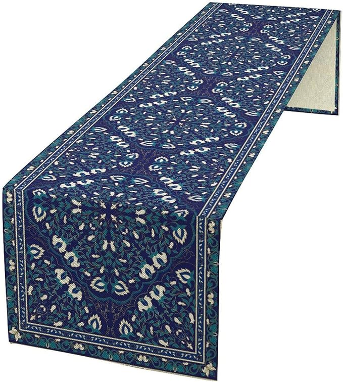 Boho Floral Vintage Table Runner, Retro Morris Abstract Blue Flower Rustic Country Farmhouse Pattern for Home Kitchen Table Decor Dining Coffee Room Wedding Party Decor 13x60in