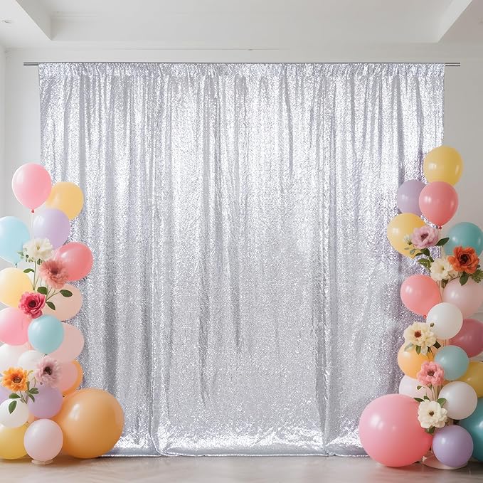 SquarePie Sequin Backdrop Not See Through Thick Stain Background for Photography Glitter Curtain Party 6FT x 8FT Silver