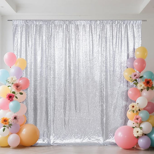 SquarePie Sequin Backdrop Curtain Not See Through Thick Background for Party 4FT x 8FT Silver