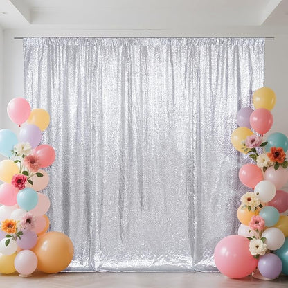 SquarePie Sequin Backdrop Not See Through Thick Stain Background for Photography Glitter Curtain Party 10FT x 10FT Silver