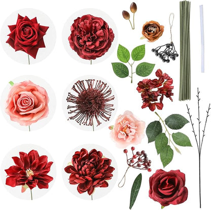 Artificial Flowers Combo Box Set Burgundy Silk Flowers for DIY Wedding Bouquet Arrangements Bridal Shower Party Home Decorations (Mature Burgundy)