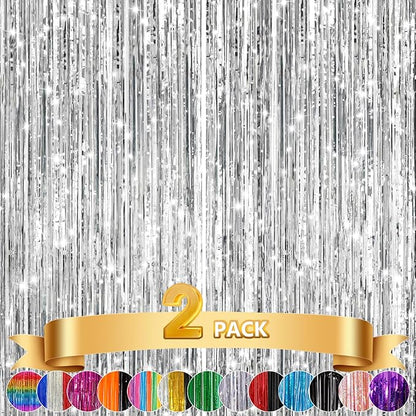 2Pack Silver Metallic Tinsel Foil Fringe Curtains, Door Streamer Photo Booth Backdrop for Birthday Wedding, Graduation Engagement Bridal Baby Shower Bachelorette Party Decorations Dancing Ball Party