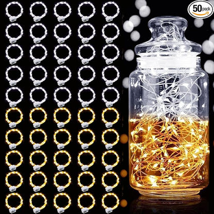 Aogist 50 Pack Fairy Lights 3 Modes 7ft 20 LED Waterproof,Silver Wire Firefly Starry Moon Mini String Lights for Mason Jars Christmas DIY Crafts Wedding Party Bedroom,Cool White&Warm White