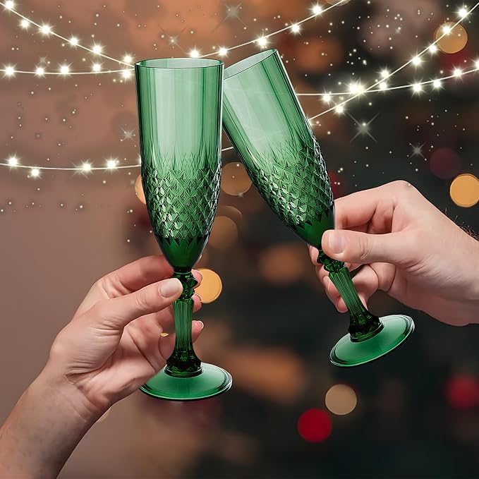Plastic Champagne Flutes, 12PCS Dark Green Wine Glasses Goblets Cups Reusable Flute, for Christmas Weddings Bachelor Parties Toasting and Events(12, Dark Green)